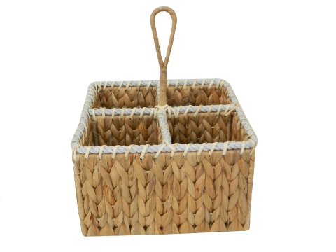 Square water hyacinth fllatware caddy with rope rim